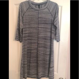 Bebop blue/grey striped dress. Polyester/ Spandex blend. 3/4 length sleeve.